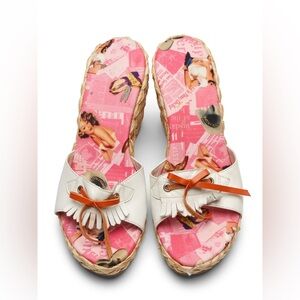 Y2K Made in Spain Pinup Pop Art Pink Espadrille Straw Wedge Fringe Sandals 9